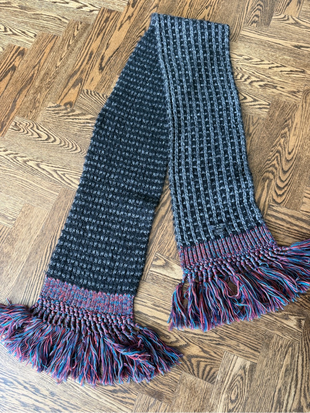 rag & bone Black and Multi Fringe Knit Scarf